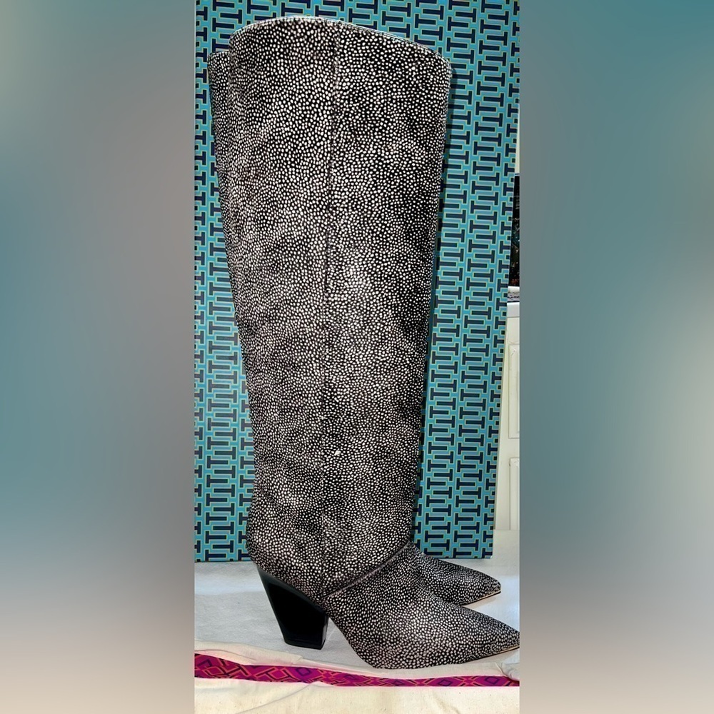 Tory Burch over the knee spotted calf hair boots NWT